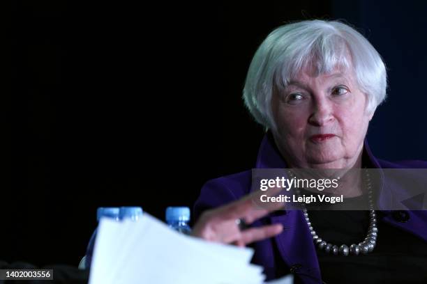 Janet Yellen speaks onstage at The New York Times DealBook / DC policy forum on June 9, 2022 in Washington, DC.