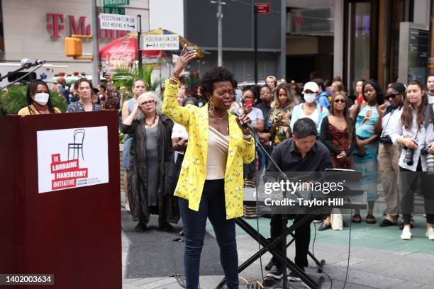 LaChanze performs during the Lorraine Hansberry statue unveiling by The Lorraine Hansberry Initiative at Duffy Square in Times Square on June 09,...