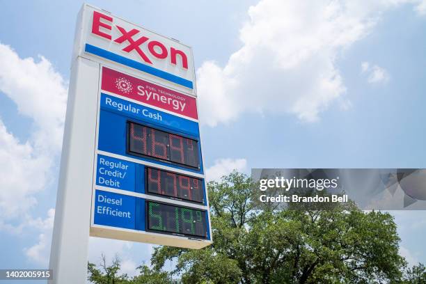 Gas prices are seen on an Exxon Mobil gas station sign on June 09, 2022 in Houston, Texas. Gas prices are breaching record highs as demand increases...