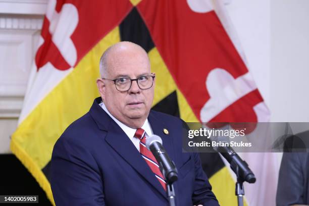 Governor Larry Hogan speaks at a press conference at Maryland State House on June 09, 2022 in Annapolis, Maryland. According to reports, three people...