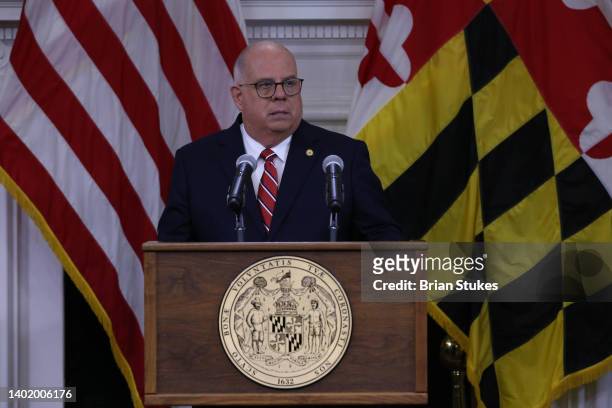 Governor Larry Hogan speaks at a press conference at Maryland State House on June 09, 2022 in Annapolis, Maryland. According to reports, three people...