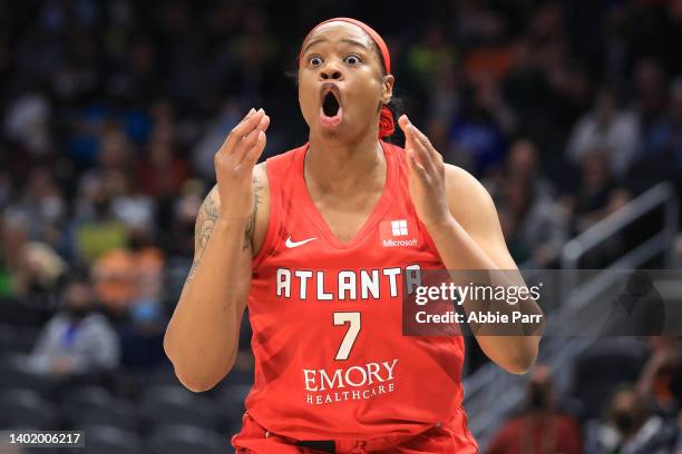 Kia Vaughn of the Atlanta Dream reacts against the Seattle Storm during the second quarter at Climate Pledge Arena on June 07, 2022 in Seattle,...