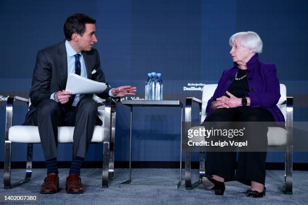 Andrew Ross Sorkin and Janet Yellen speak onstage at The New York Times DealBook DC policy forum on June 9, 2022 in Washington, DC.