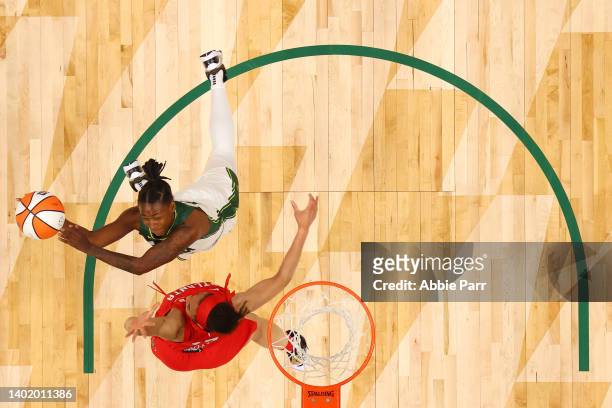 Jewell Loyd of the Seattle Storm attempts a shot against Nia Coffey of the Atlanta Dream during the first half at Climate Pledge Arena on June 07,...
