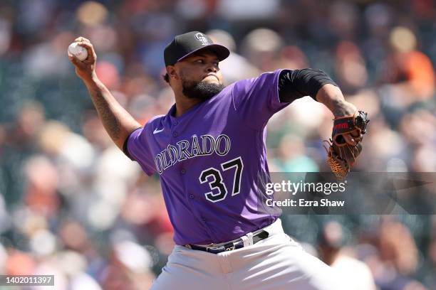 Alex Colome of the Colorado Rockies pitches against the San Francisco Giants in the ninth inning at Oracle Park on June 09, 2022 in San Francisco,...