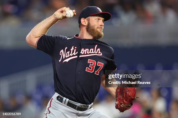 Stephen Strasburg of the Washington Nationals delivers a pitch during the second inning against the Miami Marlins at loanDepot park on June 09, 2022...