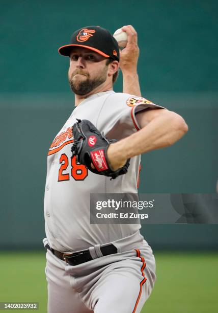 Jordan Lyles of the Baltimore Orioles warms up prior to a game against the Kansas City Royals at Kauffman Stadium on June 09, 2022 in Kansas City,...