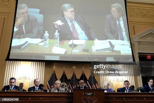 Former Attorney General William Barr is seen on a screen during a hearing held by the Select Committee to Investigate the January 6th Attack on the...