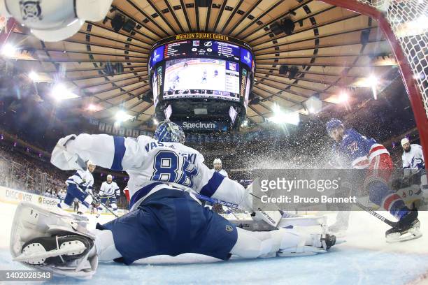 Andrei Vasilevskiy of the Tampa Bay Lightning makes a save during the first period against the New York Rangers in Game Five of the Eastern...