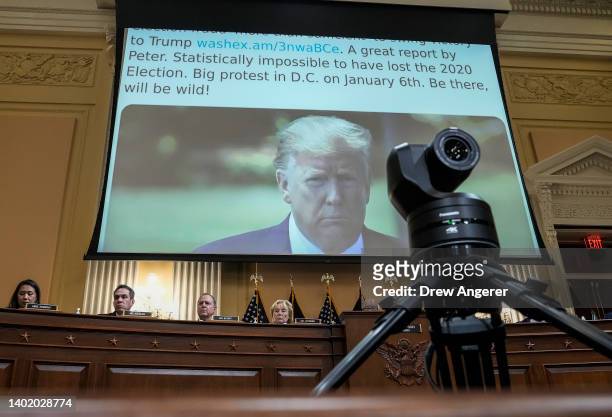 Tweet featuring former President Donald Trump is displayed during a hearing by the Select Committee to Investigate the January 6th Attack on the U.S....