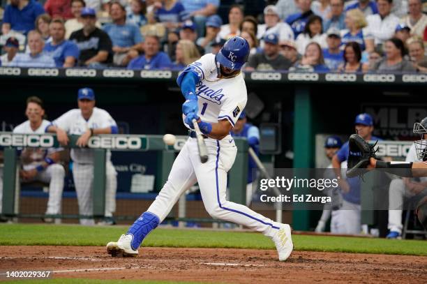 Melendez of the Kansas City Royals hits a two-run home run against the Baltimore Orioles at Kauffman Stadium on June 09, 2022 in Kansas City,...