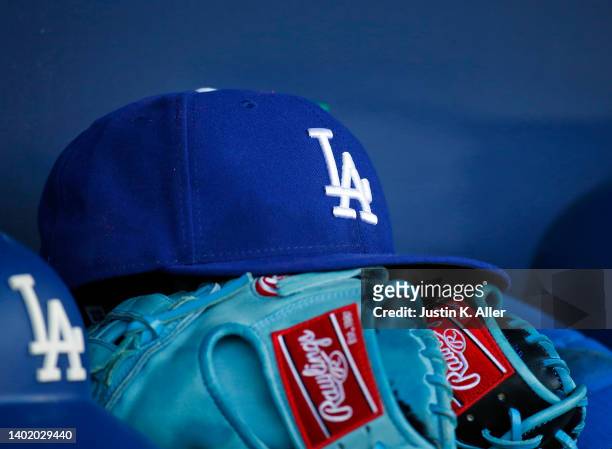 New Era Los Angeles Dodgers baseball cap is seen against the Pittsburgh Pirates during the game at PNC Park on May 10, 2022 in Pittsburgh,...