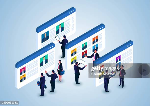 isometric hr manager reviewing web page job postings with cv, recruitment and job search - classified ad stock illustrations