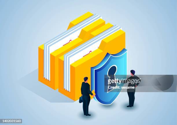 stockillustraties, clipart, cartoons en iconen met isometric folder and shield, document privacy and business data security - safe