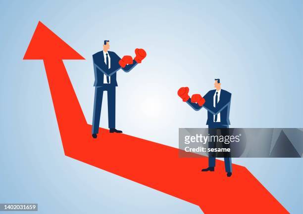 the businessman standing on the upper end of the rising arrow and the businessman standing on the lower end punch and beat each other to win - business rivalry stock illustrations