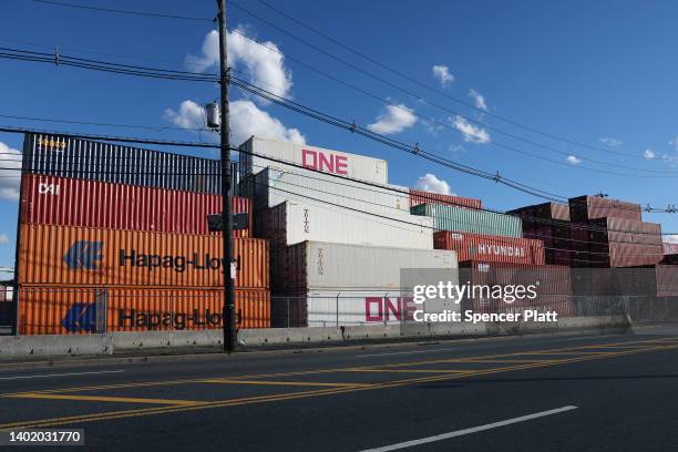 Shipping containers sit stacked in a port on June 09, 2022 in Bayonne, New Jersey. As consumer buying patterns gradually return to pre-pandemic...