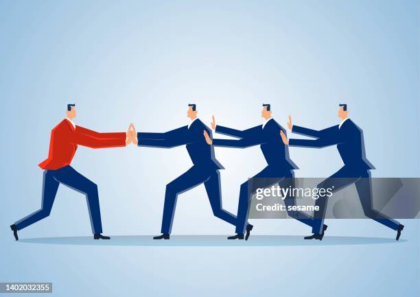 stockillustraties, clipart, cartoons en iconen met a businessman and three businessmen in power confrontation push each other, conflict and fight - toxic employee