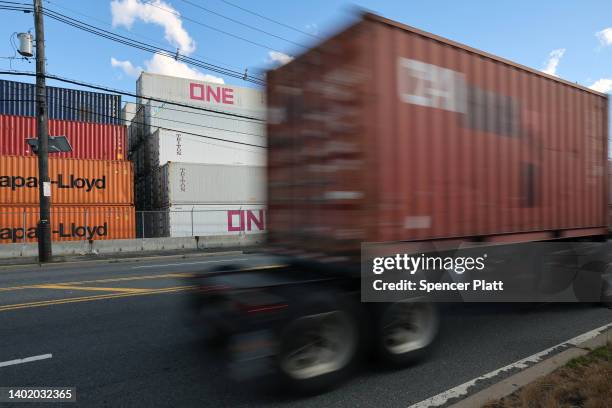 Shipping containers sit stacked in a port on June 09, 2022 in Bayonne, New Jersey. As consumer buying patterns gradually return to pre-pandemic...