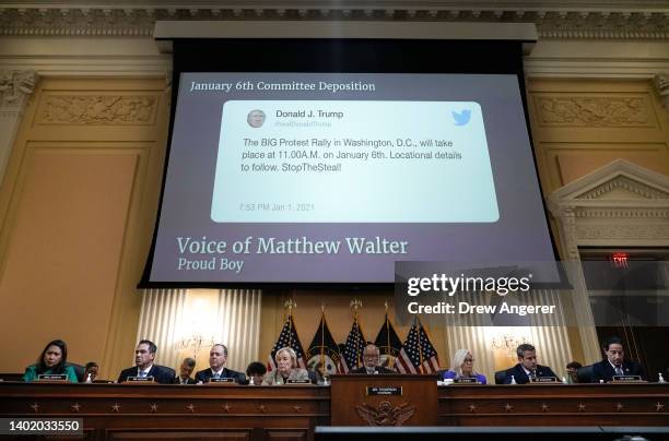 Tweet by former President Donald Trump is displayed on a screen during a hearing held by the Select Committee to Investigate the January 6th Attack...