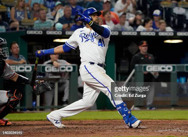 Carlos Santana of the Kansas City Royals hits a two-run home run against the Baltimore Orioles in the fifth inning at Kauffman Stadium on June 09,...