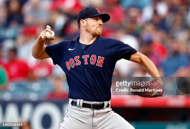 Nick Pivetta of the Boston Red Sox throws against the Los Angeles Angels in the first inning at Angel Stadium of Anaheim on June 09, 2022 in Anaheim,...