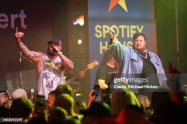 Brantley Gilbert and Jelly Roll perform at Spotify House during CMA Fest at Ole Red on June 09, 2022 in Nashville, Tennessee.