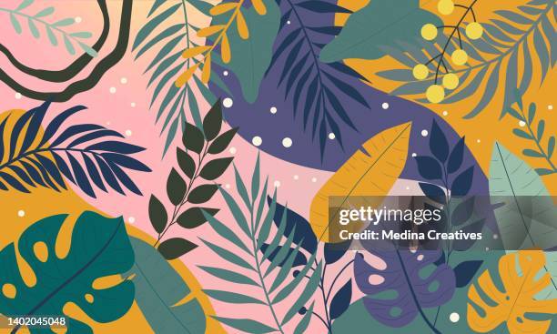 ilustraciones, imágenes clip art, dibujos animados e iconos de stock de hermosas hojas tropicales fondo abstracto - exotismo