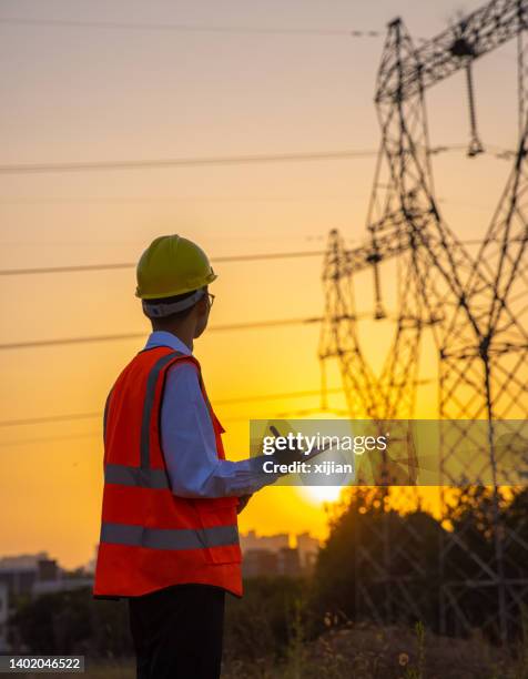 engineer working by high voltage tower - power mast stock pictures, royalty-free photos & images