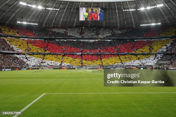 Germany fans unveil a tifo prior to the UEFA Nations League League A Group 3 match between Germany and England at Allianz Arena on June 07, 2022 in...