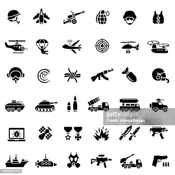 kriegs-ikonen. militärisches schwarzes icon-set. - spezialeinheit stock-grafiken, -clipart, -cartoons und -symbole