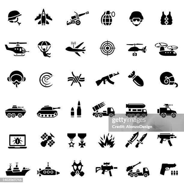 stockillustraties, clipart, cartoons en iconen met war icons. military black icon set. - armed forces