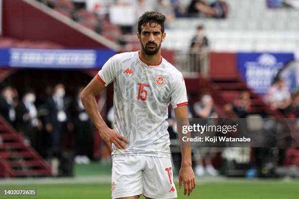 Mohamed Ali Ben Romdhane of Tunisia is seen during the international friendly match between Chile and Tunisia at Noevir Stadium Kobe on June 10, 2022...