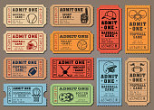 Mixed Sports Game tickets set. Full vector Retro illustration collection. Football, Soccer, Baseball, Volley, Hockey, Basketball Admit One Tickets