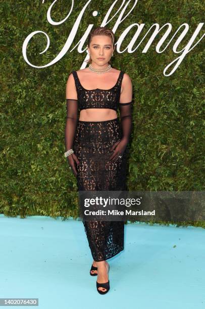 Florence Pugh attends Tiffany & Co. "Vision & Virtuosity" Brand Exhibition Opening Gala at Saatchi Gallery on June 09, 2022 in London, England.