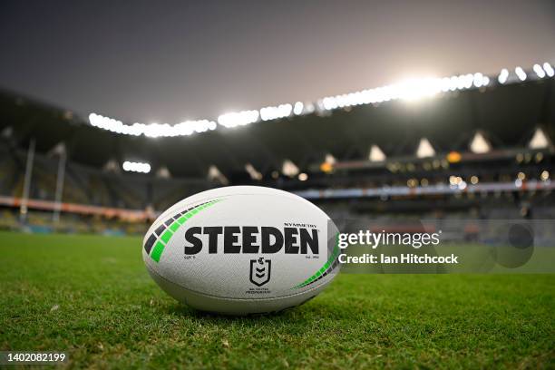 The game ball is seen on the field before the start of the round 14 NRL match between the North Queensland Cowboys and the St George Illawarra...