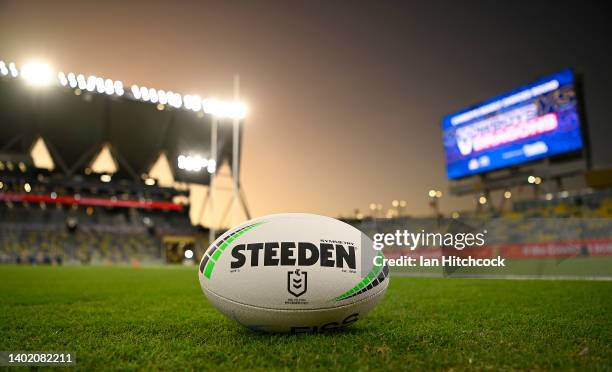 The game ball is seen on the field before the start of the round 14 NRL match between the North Queensland Cowboys and the St George Illawarra...