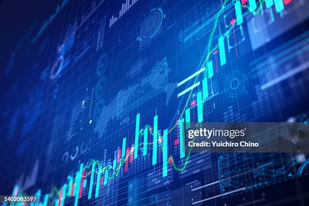 stock market trading chart on tech background - interest stockfoto's en -beelden