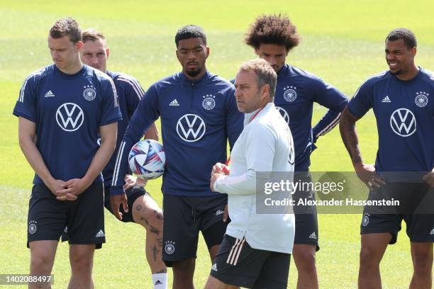 Head coach Hans-Dieter Flick talks to his players during a training session of the German national soccer team at Adi-Dassler-Stadion of adidas Herzo...