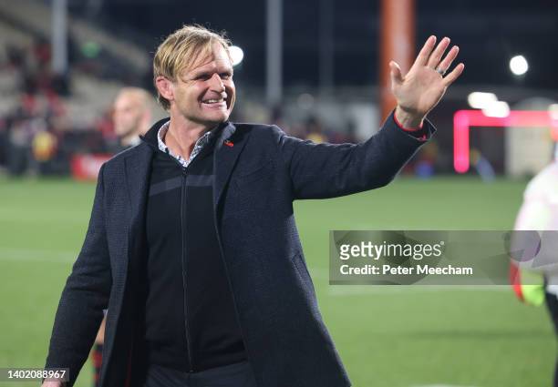 Crusaders head coach Scott Robertson celebrates his 100th game with a win during the Super Rugby Pacific Semi Final match between the Crusaders and...