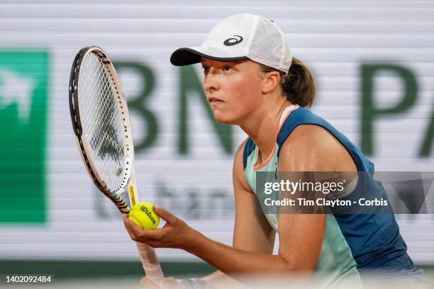 Iga Swiatek of Poland in action against Coco Gauff of the United States during the Singles Final for Women on Court Philippe Chatrier at the 2022...