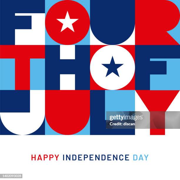 ilustraciones, imágenes clip art, dibujos animados e iconos de stock de tarjeta de felicitación del cuatro de julio con tipografía geométrica. - día de la independencia