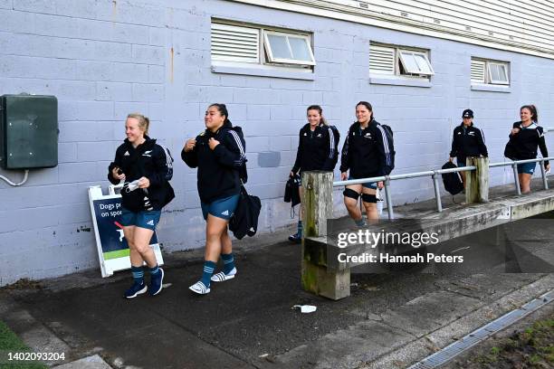 The Black Ferns arrive for a New Zealand Black Ferns training session at Gribblehirst Park on June 10, 2022 in Auckland, New Zealand.