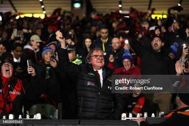 Former Bombers coach, Kevin Sheedy is presented to the crowd during the round 13 AFL match between the Essendon Bombers and the Carlton Blues at...
