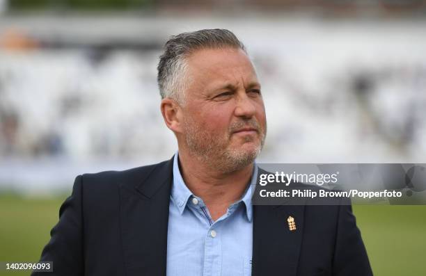 Darren Gough of Sky Sports looks on before the coin toss before the second Test between England and New Zealand at Trent Bridge on June 10, 2022 in...