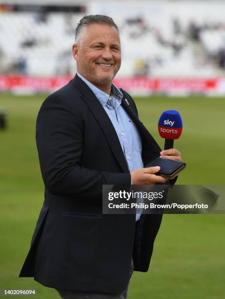 Darren Gough of Sky Sports looks on before the coin toss before the second Test between England and New Zealand at Trent Bridge on June 10, 2022 in...