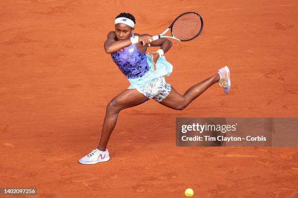 Coco Gauff of the United States in action against Iga Swiatek of Poland during the Singles Final for Women on Court Philippe Chatrier at the 2022...