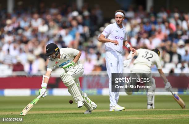 New Zealand batsman Tom Latham races to make his ground as England bowler Stuart Broad looks on during day one of the Second Test Match between...