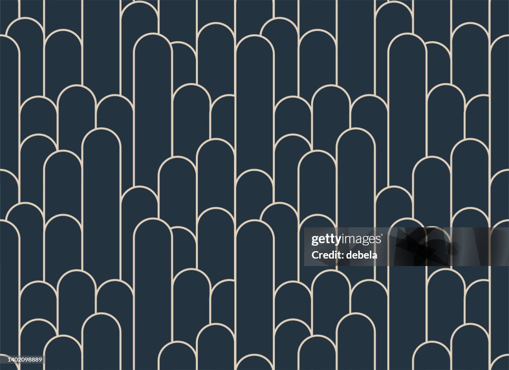 Arches pattern in blue and cream color. Art deco wallpaper design.