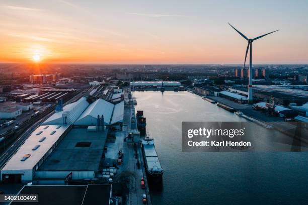 sunrise at antwerp docks - belgium aerial stock pictures, royalty-free photos & images