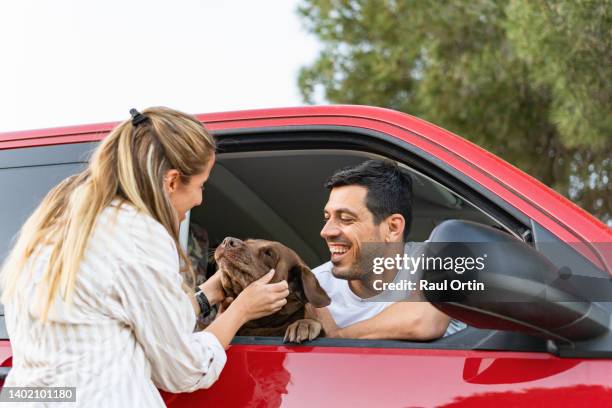 cheerful couple having fun with his dog at camper van - liberty mutual insurance stock pictures, royalty-free photos & images